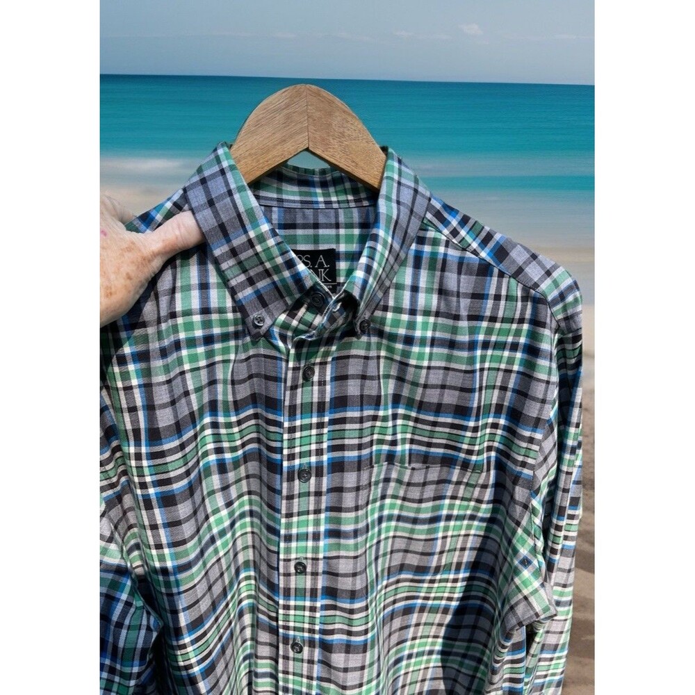 Jos. A. Bank Travelers Shirt Grey Multi Plaid Button Down Tailored Fit Men Large